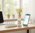 Smart pill organizer for tap tags, bottle with the tap tag reminder, and phone with tap tag app on a desk with a window in the background