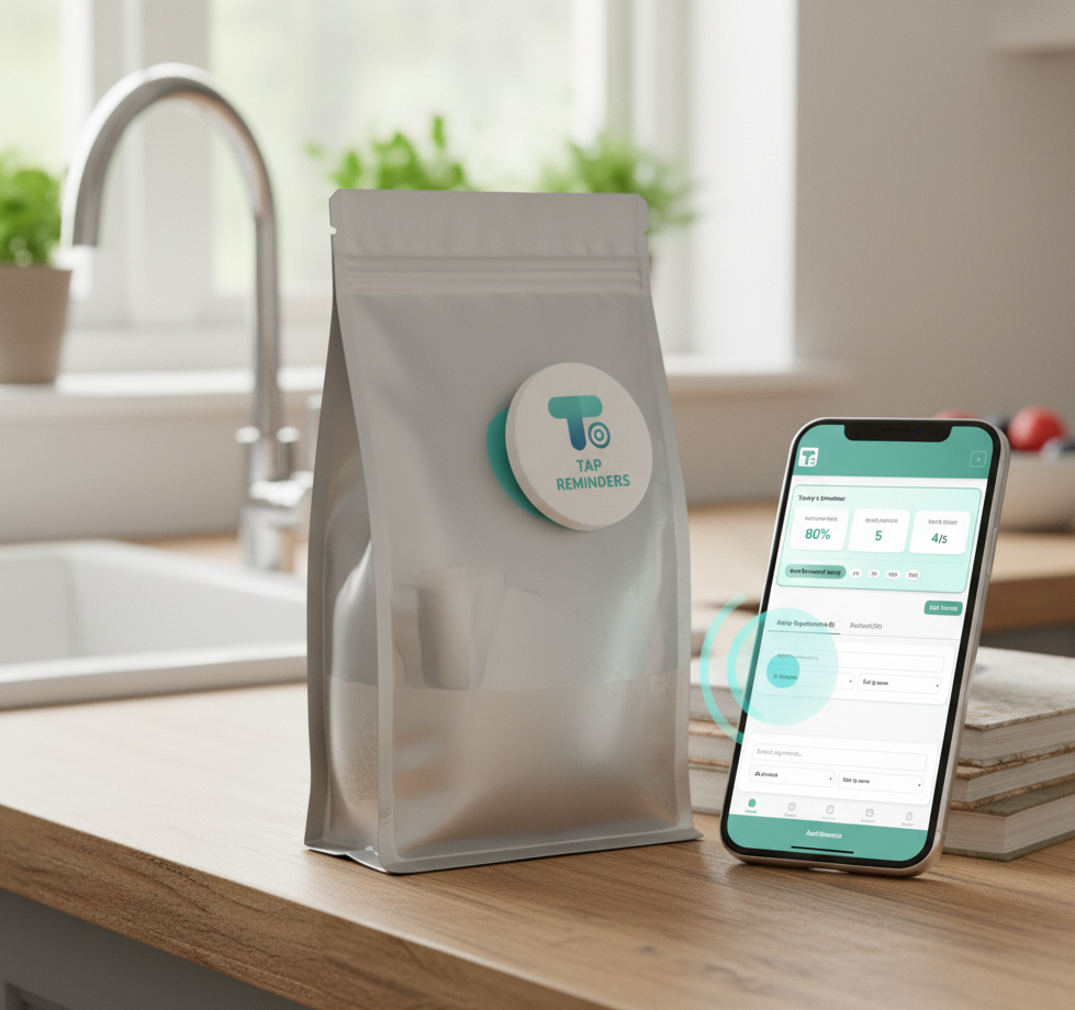Smart phone tap tag reminders app on a kitchen counter with a coffee bag labeled 'Tap Reminders'