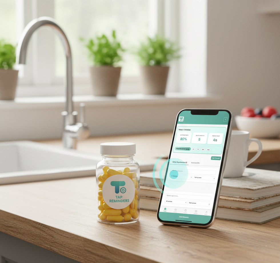 phone displaying the tap tag reminders app next to a jar of supplements with the tap tag reminder sticker on a kitchen counter