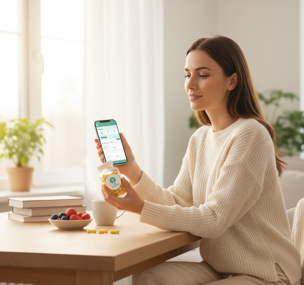 Woman holding a jar of supplements with the Tap Tag and a phone with the tap Reminders app and a light interior setting